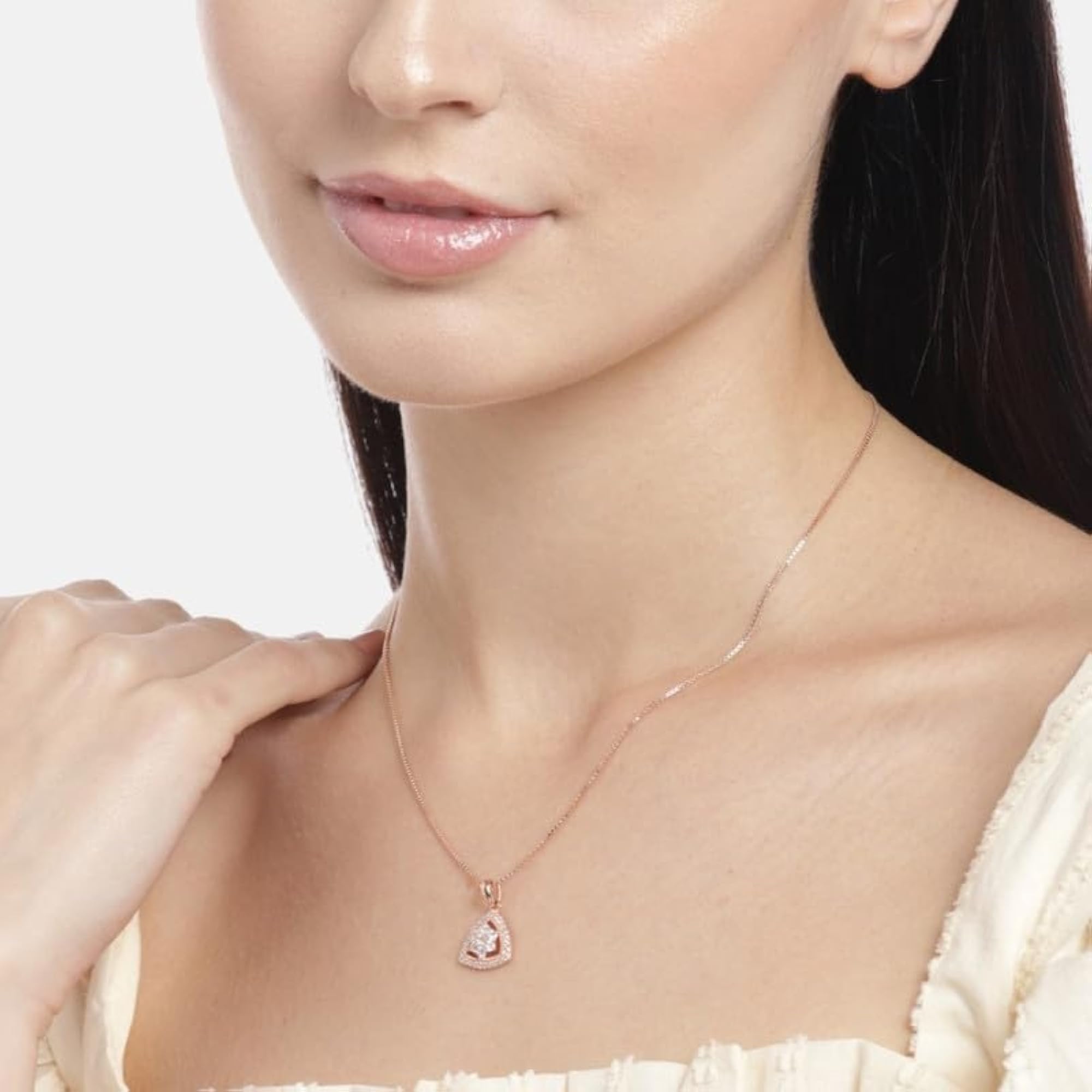 Women's 925 Sterling Silver Triangular Cubic Zirconia Pendant Chain, Rose Plated