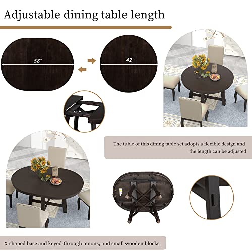 Harper & Bright Designs 5-Piece Farmhouse Extendable Round Dining Table and Upholstered Chair Set, Round Dining Table with Shelf, Wood Dining Table Set for Family Dining Area - Image 4