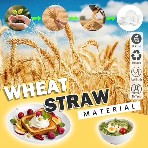 Image of Wheat Straw Plates and Bowls Sets of 16，Unbreakable Dinnerware Sets for 4, Microwave & Dishwasher Safe Kids Dish Set for Kitchen, Outdoor, Camping, Party, RV- White