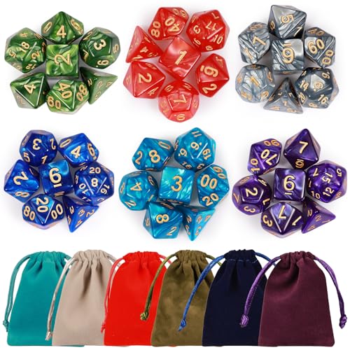 Polyedrische Würfel Set 6 x 7 (42 Stück) DND Dice mit 6 Kordelzugbeutel für Dungeons and Dragons Pathfinder DND RPG MTG 6 Set DND Würfel von D4 D6 D8 D10x2 D12 D20