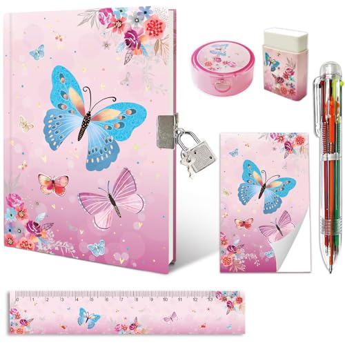 GINMLYDA Girls Diary with Lock, Butterfly Secret Diary Set Incl. Kids Lockable Journal Memo 6-Multicolor Pen Ruler Eraser Sharpener Writing Notebook Gift for Girls 6-10 by GINMLYDA - Used condition - US$8.99