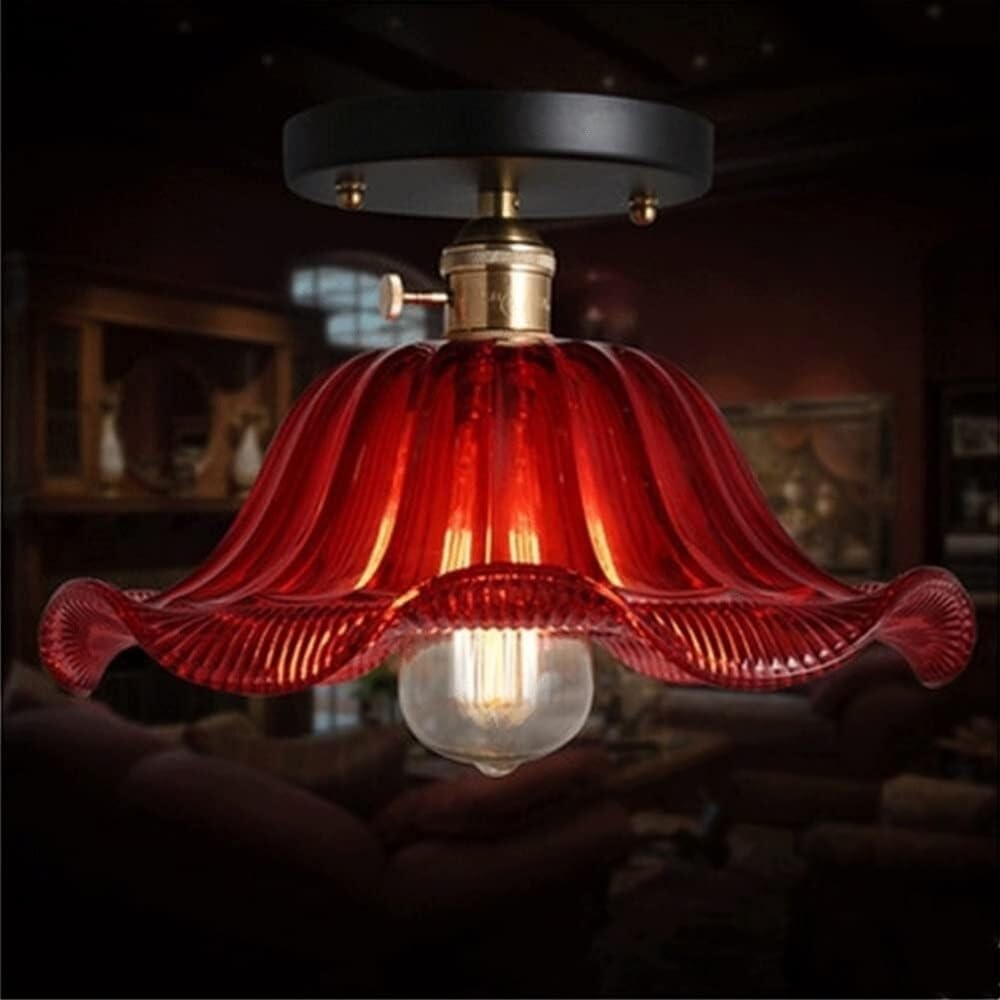 LONGDU Vintage Brass Glass Ceiling Lamp Flower Shape Glass Ceiling Light Split Flower Design Ceiling Lighting Flush Mount Farmhouse Ceiling Light Fixture for Bedroom Office Stairs Hotel Living room Ha