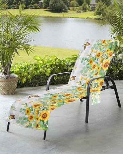 Plaid Sunflower Beach Chair Towel Covers for Chaise Lounge with Side Pocket, Soft Plush Pool Towels Cover for Patio Sunbathing Outdoor 29''x85'' Buffalo Grey Eucalyptus Weeping Leaf