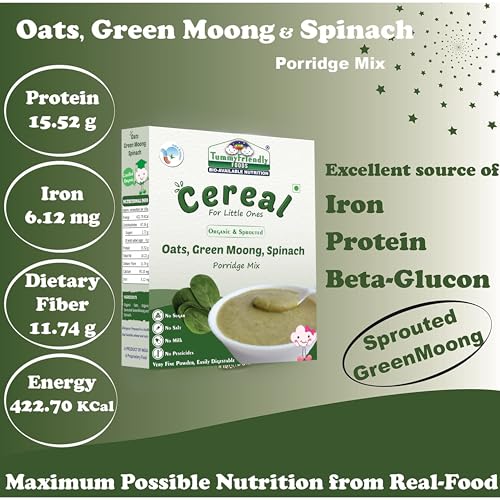 Image of TummyFriendly Foods Certified Organic Oats, Sprouted Green Moong, Spinach Porridge Mix | Made of Sprouted Whole Green Moong, Spinach | Organic Oats for baby 8 months and 1 year old | Rich in Protein and Iron | No Sugar, No Salt, No Milk, No Chemicals, No Pesticides & No GMO | Maximum Possible Nutrition From Real-Food | 9 Month Shelf Life | 200g
