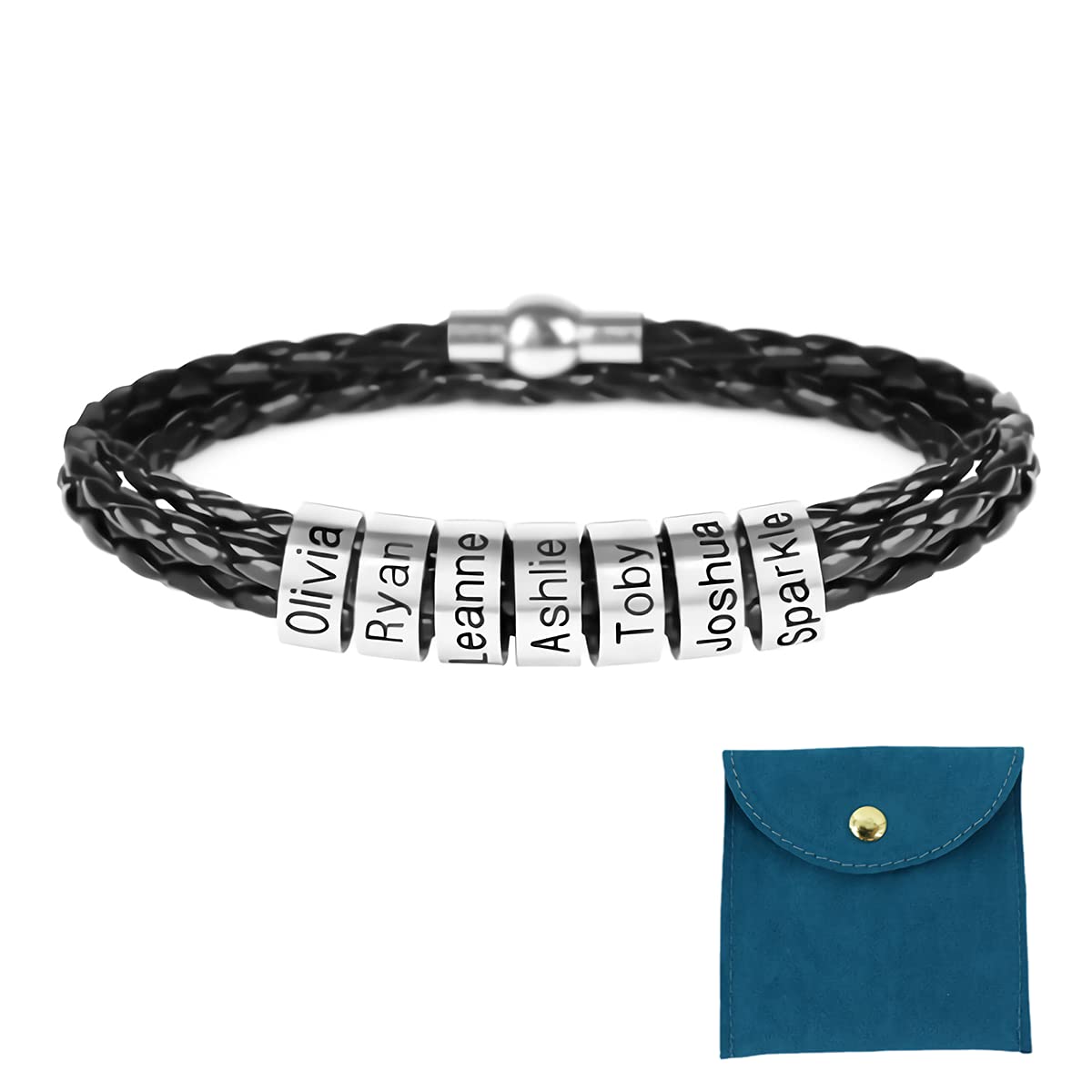 Personalized Leather Bracelets with Customizable Stainless Steel Beads, Customized Braid Leather Bracelet Engraved with Names for Men