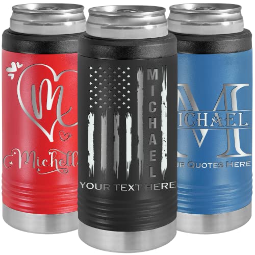 iProductsUS Personalized Slim Can Cooler for 12oz Slim Cans, Customized Skinny Can Holder Stainless Steel Insulated for Beer and Cold Drinks, Gifts for Wedding, Birthday, Engrave Your Name (Black)