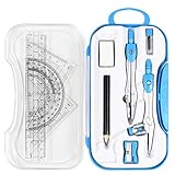Unjoo Math Geometry Kit Sets 10 Piece Student Supplies with Shatterproof Storage Box,Includes Rulers,Protractor,Compass,Eraser,Pencil Sharpener,Lead Refills,Pencil,for Drafting and Drawings（Blue）
