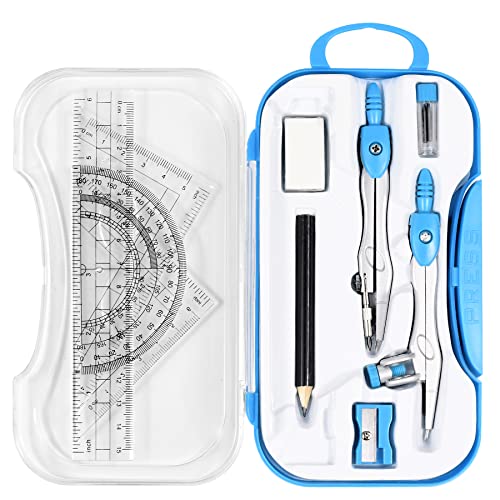 Unjoo Math Geometry Kit Sets 10 Piece Student Supplies with Shatterproof Storage Box,Includes Rulers,Protractor,Compass,Eraser,Pencil Sharpener,Lead Refills,Pencil,for Drafting and Drawings（Blue）