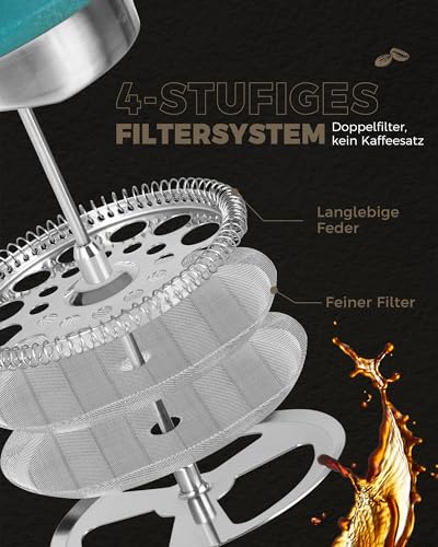 Poliviar French Press aus Edelstahl, Thermo Kaffeebereiter Doppelwandig isoliert, Kaffeebereiter 1 Liter, Handfilter Kaffeepresse mit Plunger & Griff aus Holz, Coffee Press 5