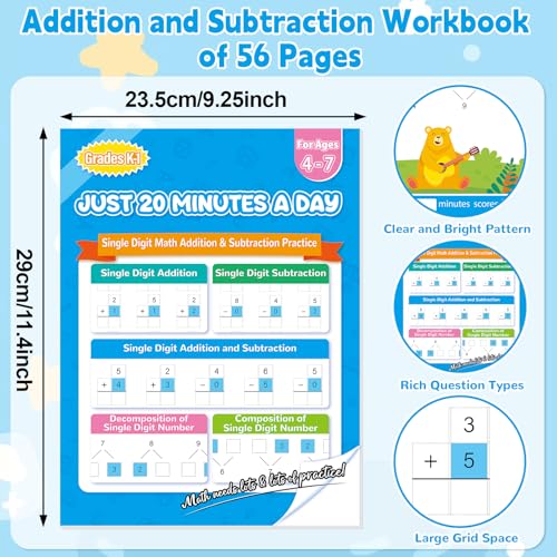 Image of Addition and Subtraction Practice Worksheets Single Digit Math Problem Workbook for Pre-Kindergarten, Kindergarten, and 1st Grade Students for Ages 3-7, 56 Pages Front and Back, 5 Question Types