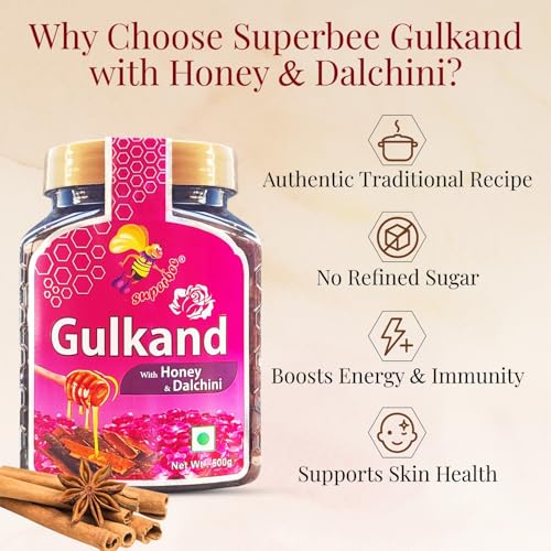 Superbee Natural Gulkand with Honey & Cinnamon (Dalchini) | Ayurvedic Rose Petal Jam | Digestive, Cooling & Rejuvenating Tonic | 500gm