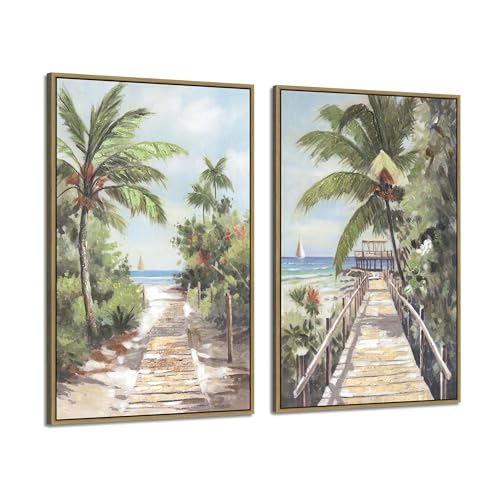 Beach Canvas Framed Wall Art - Hand Painted Ocean View Paintings Palm Tree Pictures Tropical Coastal Scenery Seaside Artwork for Living Room