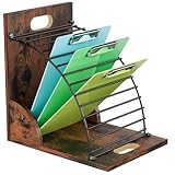 Clipboard Holder for Classroom-Wood 12 Slots Clip Board Holder Standing Clipboard Organizer Rack Small Clipboard Organizer with Metal Shelf for Office Home Assembly Required (Rustic Brown, Set 1)