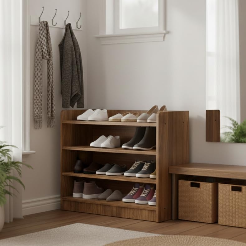 NEUDOT SKO Shoe Rack | Engineered Wood | Footwear Organizer with 4 Shelves |Slipper Sandals Stand | Wooden Shoe Rack for Home & Office | 12 Months Warranty | Brown Finish, Knock Down