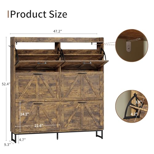 Image of Shoe Cabinet with 6 Flip Drawers, Freestanding Hidden Shoe Storage Organizer for Entryway, Narrow Slim Shoe Rack Cabinet with Open Storage & Hooks for Front Door Entrance, Living Room, Hallway, Brown