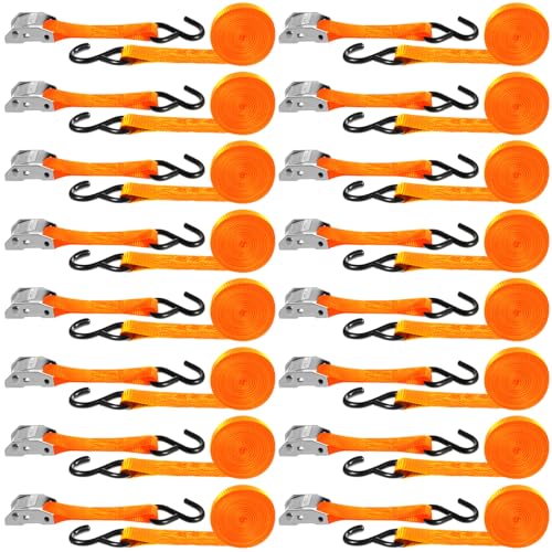16 Pcs Cambuckle Tie Down Straps 1763lbs Break Strength Securing Straps 1'' x 15 ft Cambuckle Tie Downs with S Hook for Motorcycle, Kayak, Car, Truck, Boat Moving, Securing Cargo(Orange)