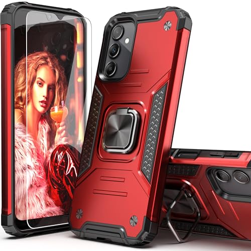 IDYStar for Galaxy A25 5G Phone Case with Screen Protector Red for Women Girls,Hybrid Drop Test Heavy Duty Cover with Card Mount Kickstand Slim Fit Protective Sturdy Case for Galaxy A25 5G,Red