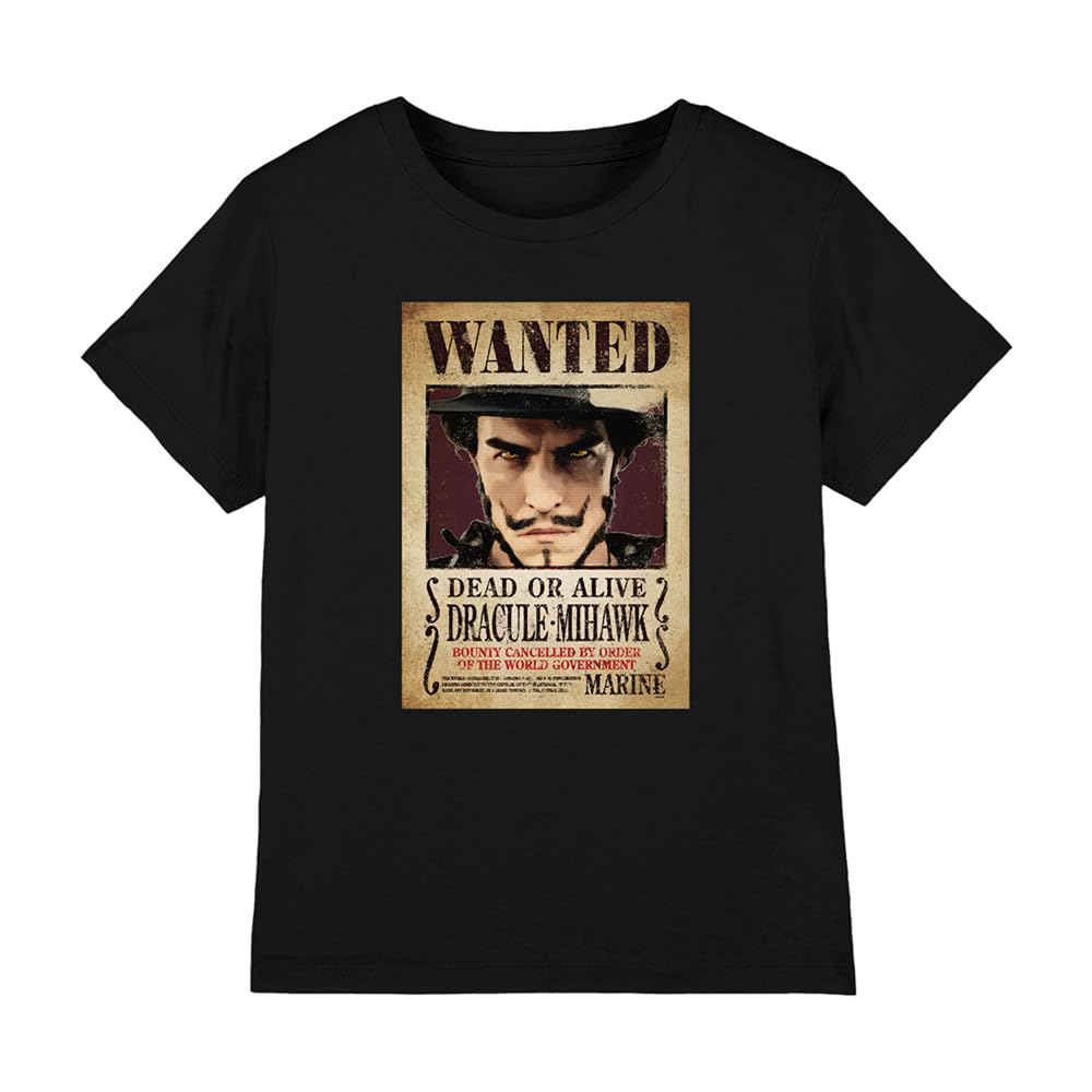 One Piece Dracule Mihawk Pirate Wanted Poster Kids T-Shirt, Black, 5-6Y