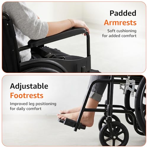 Image of Amazon Basics Foldable Wheelchair | Adjustable Armrests & Footrests | Comfortable Cushioned Seat | Steel Frame | Easy to Manoeuvre for Indoor & Outdoor Use | Elderly & Patient Care