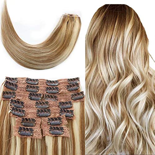Clip in Hair Extensions Light Brown and Blonde with bleach Blonde 14/60# Highlights Straight Real Human Hair Clip in Ext