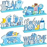 Suzile 6 Pcs Blue Baby Shower Wooden Table Centerpieces It's a Boy Baby Shower Decorations Welcome Baby Boy Gender Reveal Party Table Topper Decorations for Newborn Baby Birthday Photo Props