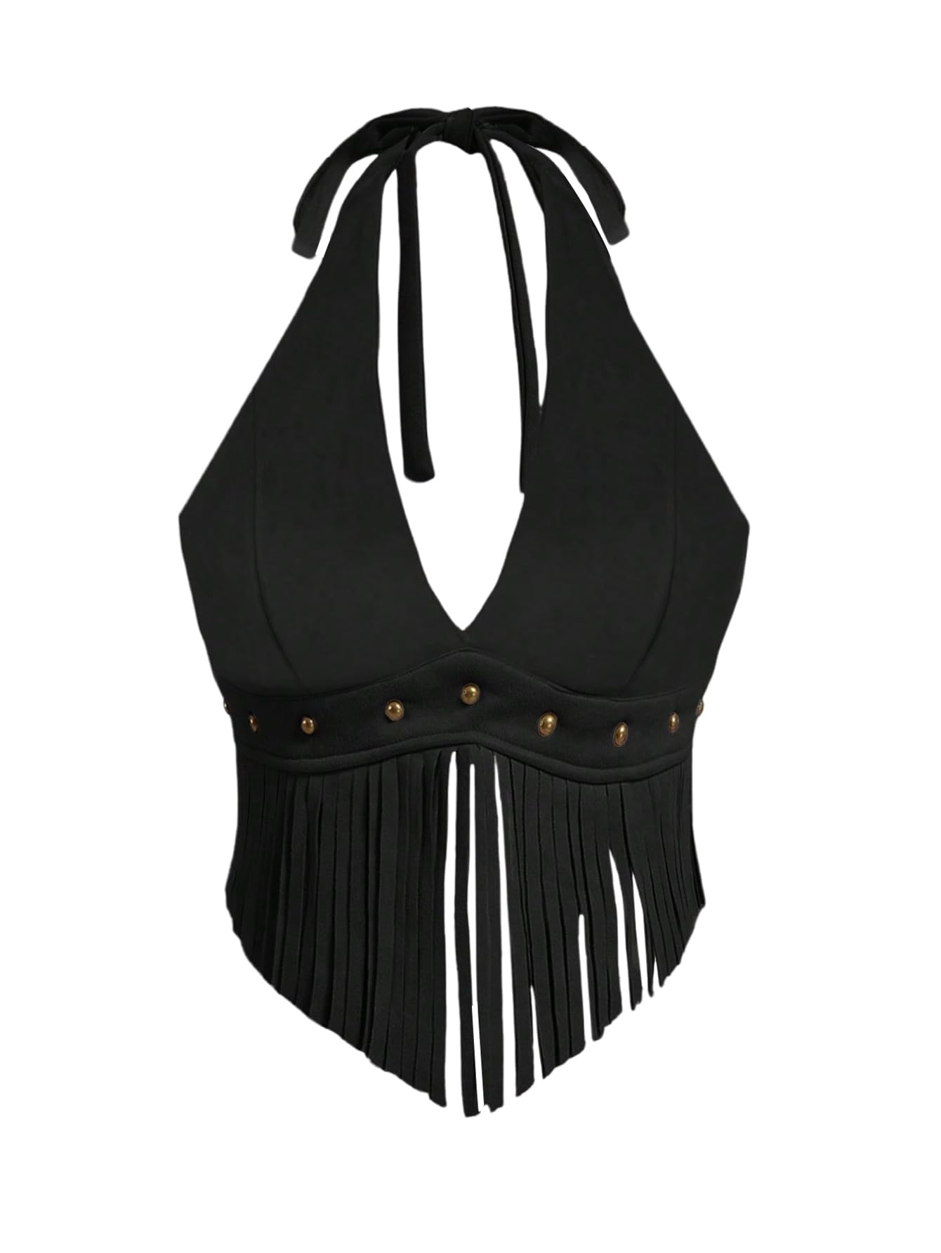 MakeMeChic Women's Western Cowgirl Fringe Faux Suede Halter Tops Tie Backless Sleeveless Rodeo Concert Outfits