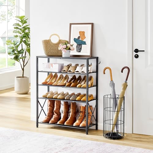 Tajsoon-5-Tier-Shoe-Rack-Organizer-for-16-20-Pairs-of-Shoes-Front-Door-Shoe-Rack-with-2-Hooks-Metal-Mesh-Shoe-Shelf-for-Entryway-Shoe-Storage-with-X-Shape-Fixed-Frame-Rustic-Brown-Black Tajsoon 5 Tier Shoe Rack Organizer for 16 20 Pairs of Shoes Front Door Shoe Rack with 2 Hooks Metal Mesh Shoe Shelf for Entryway Shoe Storage with X Shape Fixed Frame Rustic Brown Black