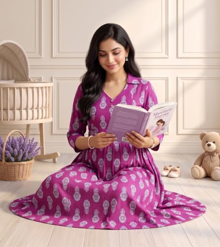 Image of DUMMY SHAPE Maternity Dresses for Women Cotton | Floral Kurta Pant Dupatta Set with Nursing Zippers, Side Pocket | Pre & Post Pregnancy | Feeding Kurti Suit | Baby Shower | Gifts for Pregnant Woman
