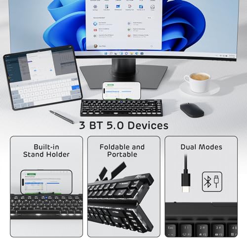 RK ROYAL KLUDGE F68 60% Foldable Low Profile Mechanical Keyboard, Wireless Mechanical Keyboard with Aluminum Body, Built-in Stand Holder, White Backlit, 68 Keys, Tactile Brown Switch - Thumbnail 2