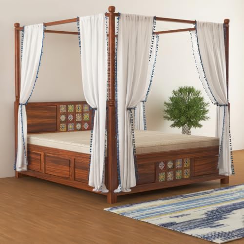 Shagun Arts Solid Sheesham Wood Four Poster Canopy King Size Bed with Box Storage | Wooden Double Bed with Decorative Tile Accents Allow Curtain Frame for Bedroom |