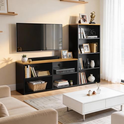 Image of ABOUT SPACE TV Unit - Engineered Wooden TV Stand 32 inch to 50 inch Table Cabinet with Bottom Storage, Side Rack, Cable Hole for WiFi Router Stand Console Table for Living Room, Bedroom (Black & CM Oak)