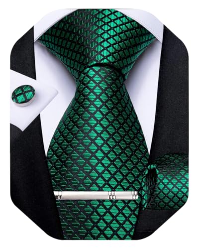 Image of DiBanGu Plaid Ties for Men Silk Checkered Necktie and Pocket Square Cufflinks Tie Clip Set with Gift Box for Wedding Business