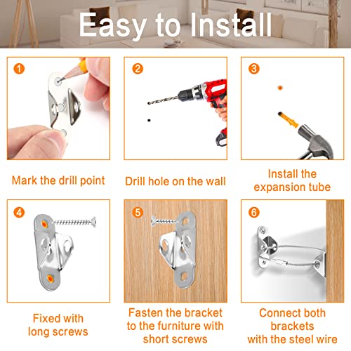 Möbel Kippsicherung Set 6 Sätze Metall Kippschutz Möbel Wandanker, Babysicherheit Anti Kipp Möbelgurte Wandbefestigung für Schrank Regal Kommode, Belastbarkeit 100kg