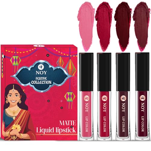 Image of Noy Liquid Matte Lipstick Festival Pack 4 Bright Colors Peach, Cherry Pink, Coffee Wine, Maroon Shades