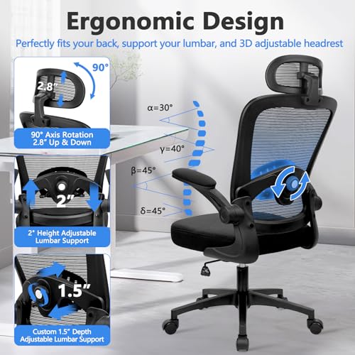 Image of KLASIKA Desk Chairs with Wheels, Ergonomic Mesh Back Home Office Chair with Headrest, Adjustable Lumbar Support Swivel Rolling Computer Chairs with Flip Up Arms for Conference Meeting Room, Black, 8PK