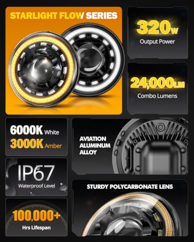 Image of Auxbeam Starlight Flow Series 7 Inch LED Headlights for Jeep Wrangler JK | DOT Approved, Start-Up Gradient Halo, with DRL & Turn Signal, IP67 Waterproof, Anti-Glare, H6024 Hi /Low Sealed Beam, Black
