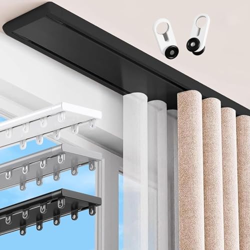 天井取り付け式アルミ製カーテンレール、ダブルカーテンレール、高耐久、サイレントローラー付き間仕切りレールセット、寝室・リビングルーム用サイレントカーテンロッド部屋(Black,1.6m(5.2ft))
