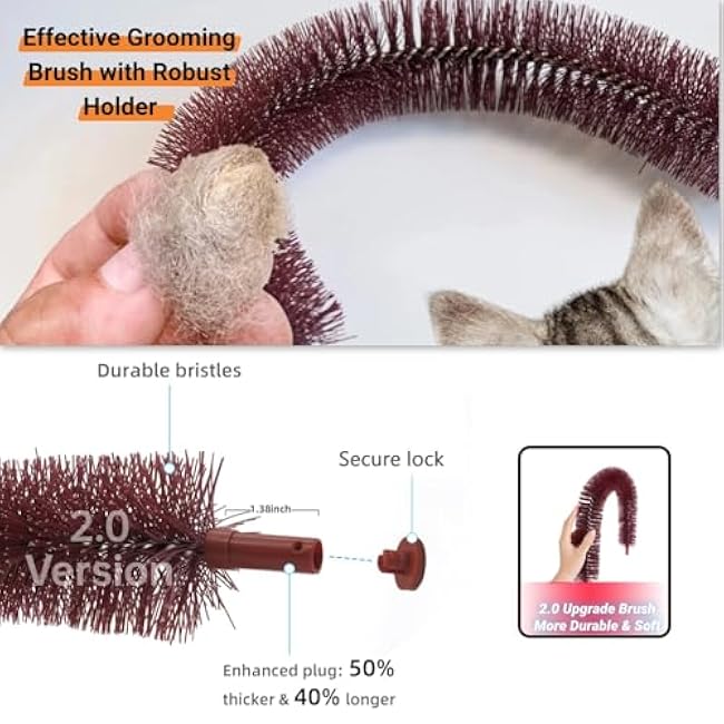 Happi N Pets Original Cat Self Groomer, Arch Grooming Brush wtih Heavy Wooden Scratching Pad, Rubbing Post & Toy, Cat Face Scratchers Body Massager, Cat Scratchers for Indoor Cats, Brown-BvtfxINk