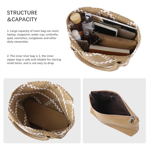 Image of Woven Tote Bag Womens Purse Vegan Leather Shoulder Handbags Fashion Summer Beach Tote Bags Large Travel Totes