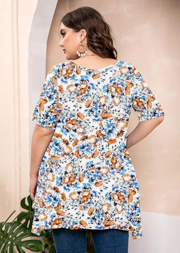 AusLook Plus Size Tops for Women Tunic Clothes Short Sleeve Blue Yellow Inks Summer 2X Blouse Swing Tee Crewneck Clothing Flowy Shirts for Leggings — view 5