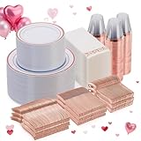 Goodluck 700 Piece Rose Gold Dinnerware Set for 100 Guests, Plastic Plates Disposable for Party, Include: 100 Dinner Plates, 100 Dessert Plates, 100 Paper Napkins, 100 Cups, 100 Silverware Set