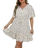 Women Plus Size Dress Butterfly Sleeve Wrap V Neck Floral Boho Beach Vocation Party Dresses 2XL White