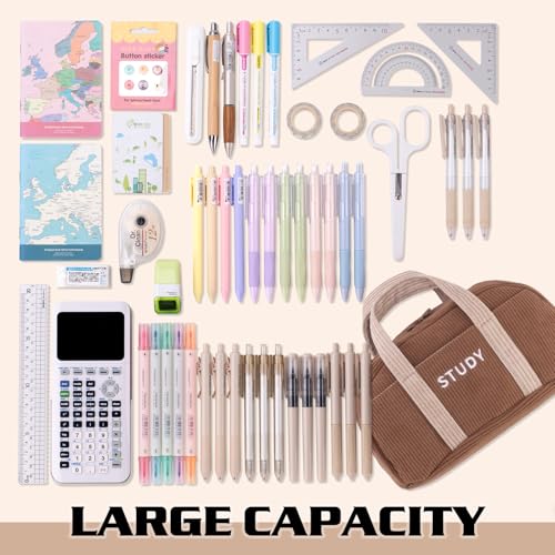 Image of EASTHILL Corduroy Hand-held Pencil Case Large Cute Pencil Pouch Stationery Pen Bag for Teen Girls-Brown