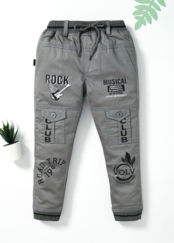 Image of Stylish Printed Joggers with Pockets | Soft Comfortable Elastic Waist Lower | Casual Outdoor Wear Trousers for Daily Use |Pack of 1 Boys Premium Cotton Satin Jeans Cargo Track Pants for Kids 2-7 Years