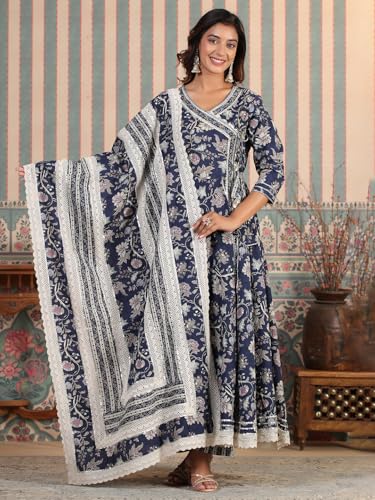 Varanga Women Floral Printed Angrakha Anarkali Kurta With Trouser & Dupatta