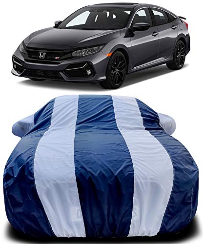 Image of PURPLEHEART Car Body Cover Compatible with Honda Civic Mirror Pocket Triple Stitched Bottom Elastic Water Resistant UV Protection & Dustproof Car Cover-Blue & White