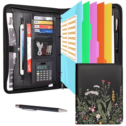 Eshow Portfolio Organizer - 3 Ring Binder with Zipper, Vegan Leather Business Padfolio Folder with Notepad Includes 5 Colorful Sheet Protectors for Documents Files for Women