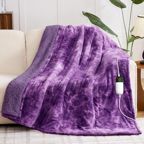 greenoak Heated Electric Blanket Throw, Faux Fur Sherpa Heating Blanket for Sofa Bed, Warm Winter Gifts for Women/Her, Heater Lap Blankets 5-Position Timer &10 Heating Levels 50''*60
