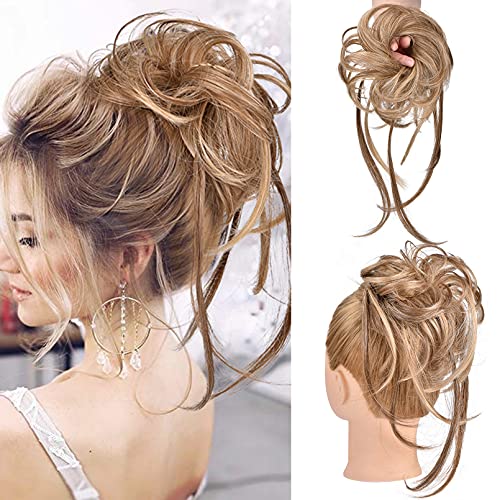 Messy Bun Hair Piece, HOOJIH Super Long Tousled Updo Hair Bun Extensions Wavy Hair Wrap Ponytail Hairpieces Hair Scrunchies with Elastic Hair Band for Women Girls - Light Brown with blonde highlights