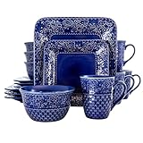 Elama Contemporary Square Embossed Stoneware Dinnerware Dish Set, 16 Piece, Indigo Blue